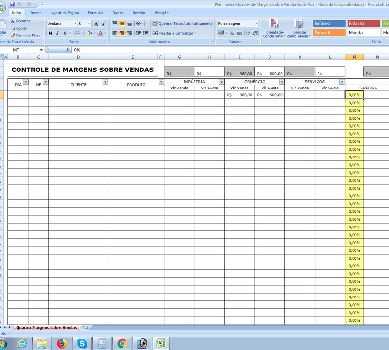 Planilha de controle de margens sobre vendas