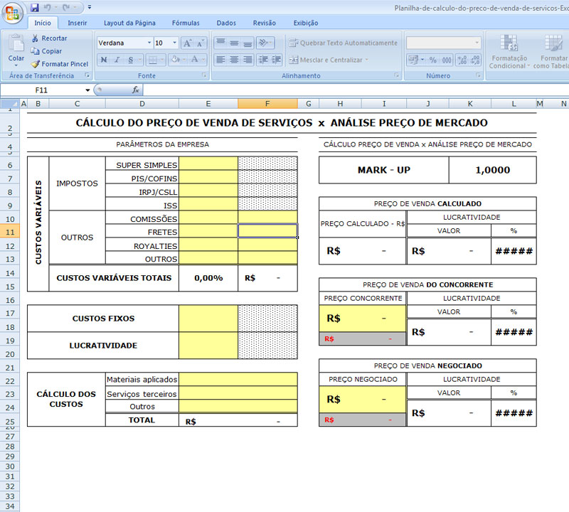 Planilha de Cálculo do Preço de Venda de Serviços