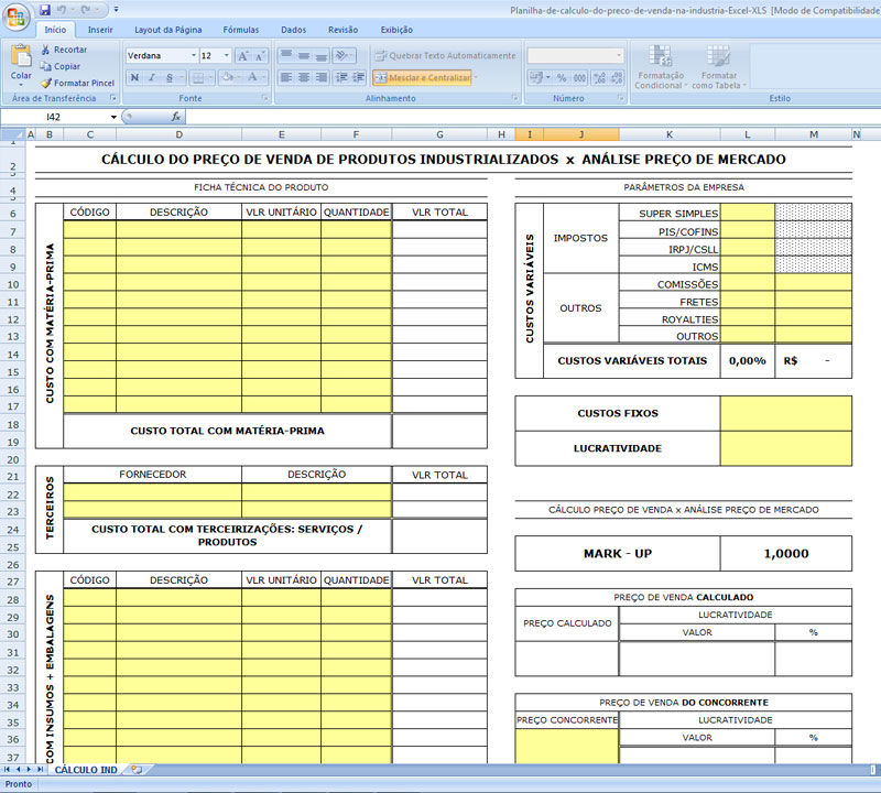 Planilha de Cálculo de Venda de Produtos na Indústria