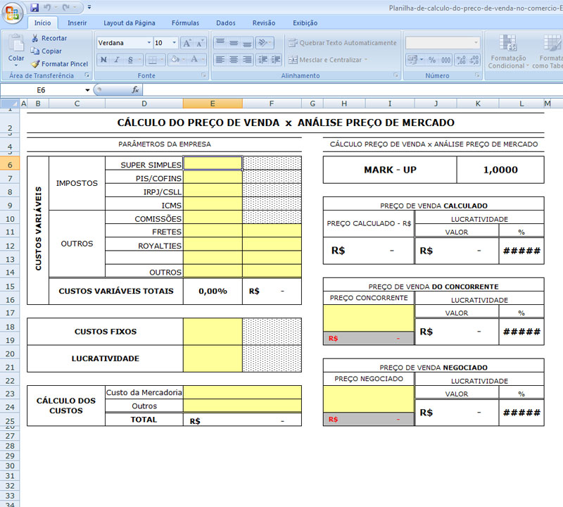 Planilha de Cálculo do Preço de Venda no Comércio