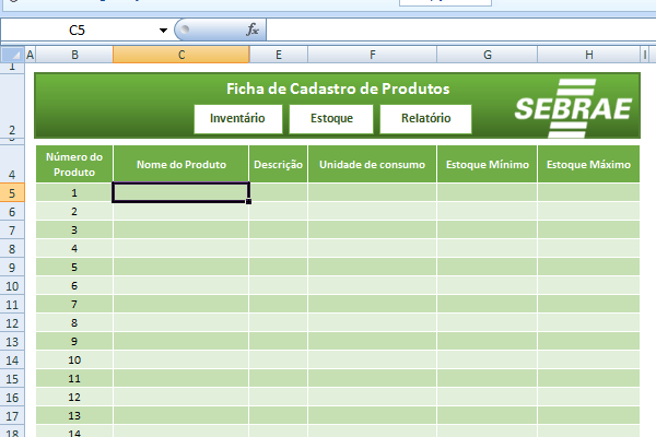 Planilha de controle de estoque elaborada pelo Sebrae