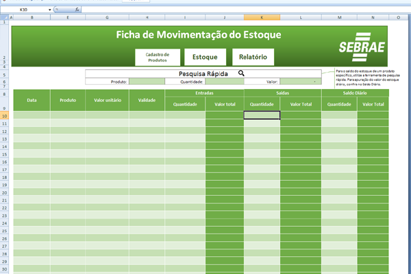 Planilha de controle de estoque elaborada pelo Sebrae