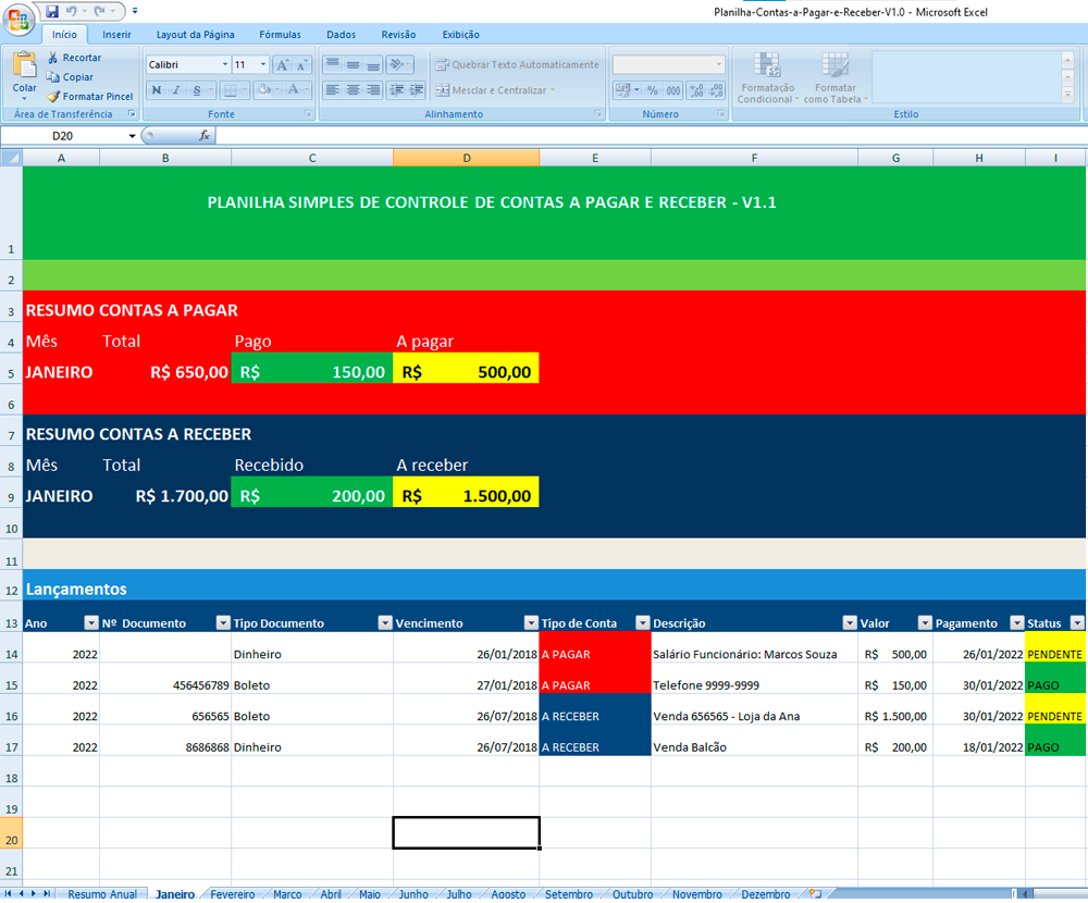 Planilha De Controle Financeiro Pessoal E Empresarial Contas A Pagar